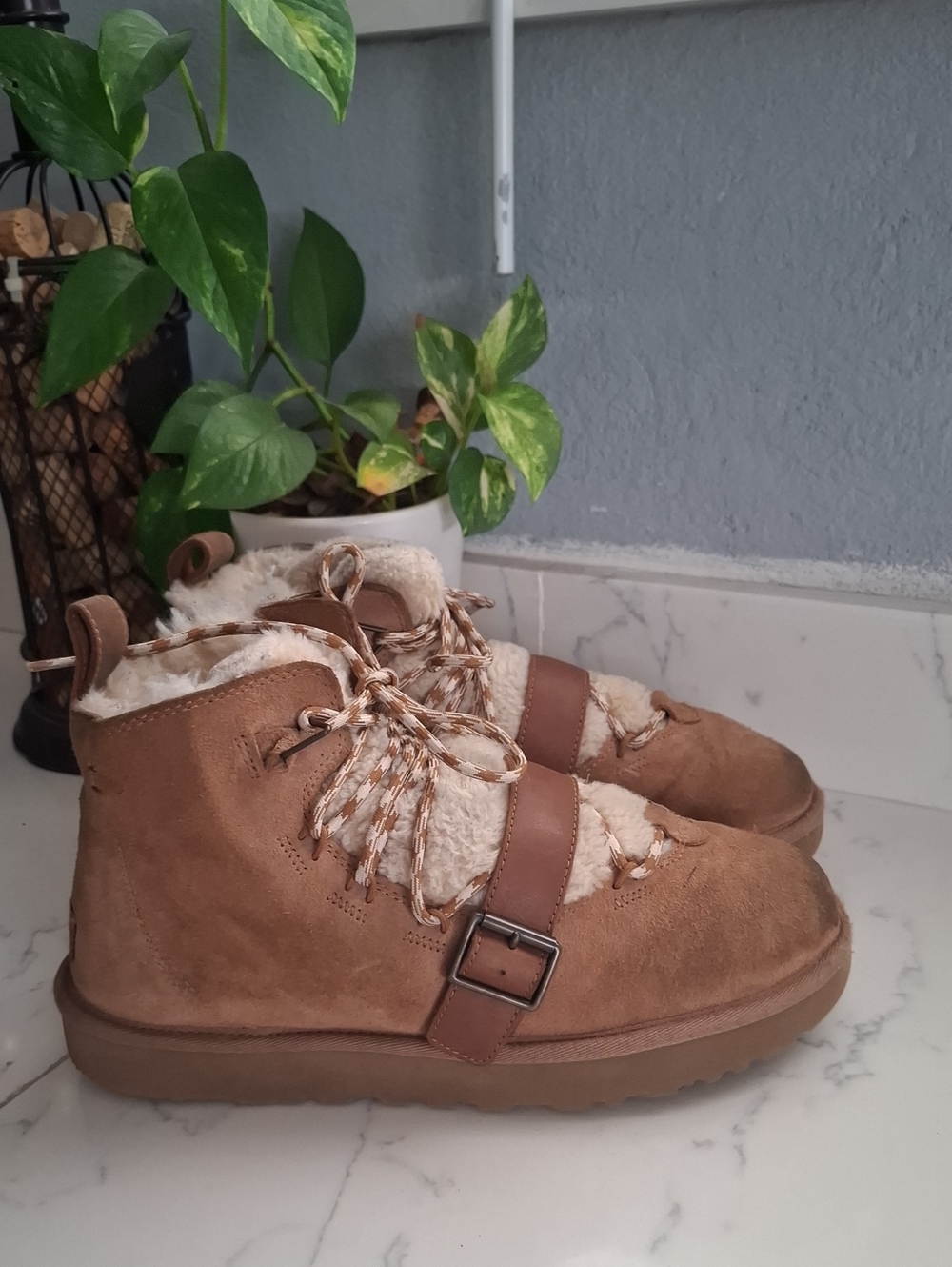 Ugg Biker Women’s Tan Faux-Shearling Lace-Up Ankle Boots